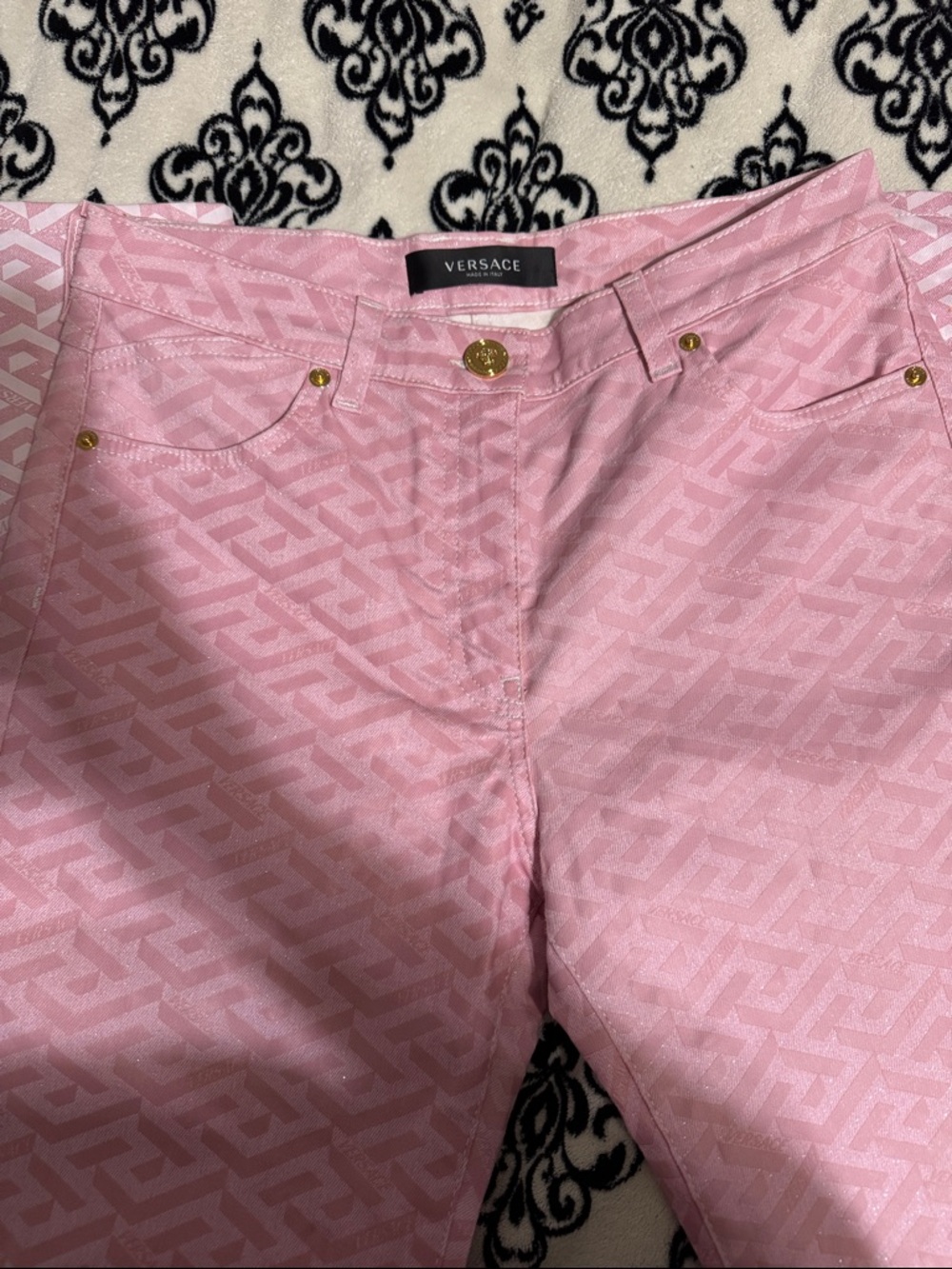 Versace Pink Jacquard Skinny Jeans with Gold Hardware